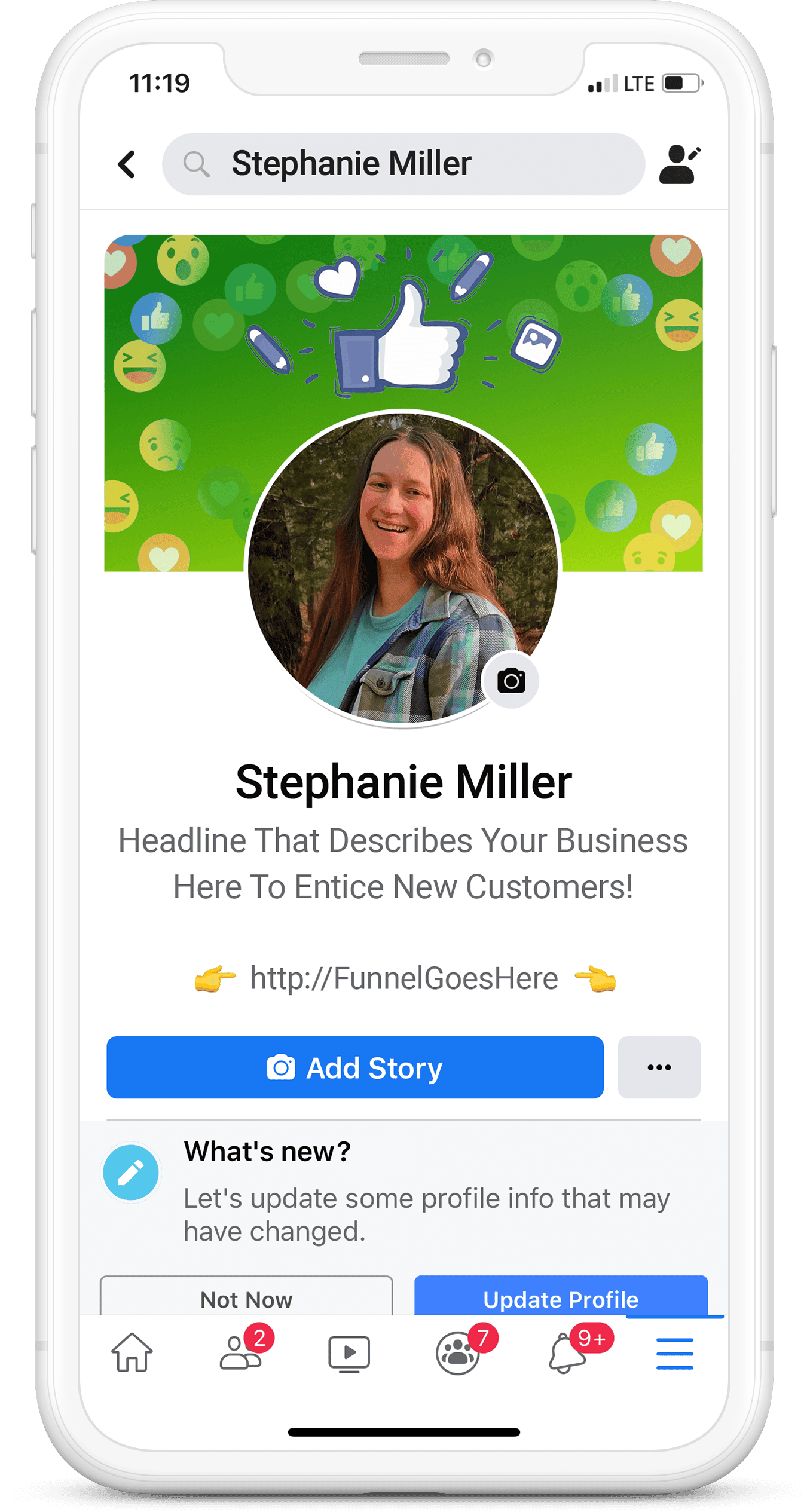 Stephanie facebook page on phone
